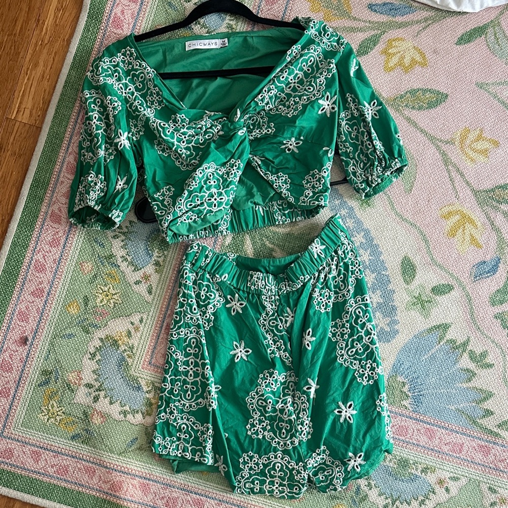 Chicwish Green Floral Embroidered Crop Top